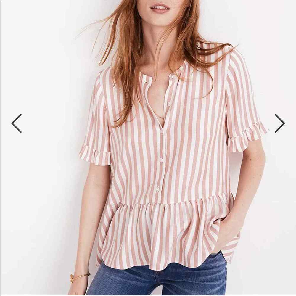 Madewell Studio Ruffle-Hem Top in Cecilia Stripe Women’s Pink White Size Small